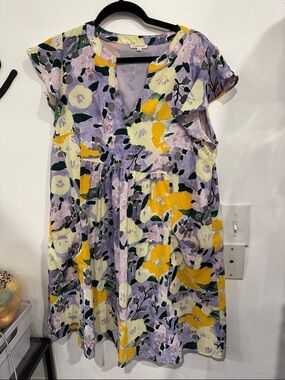JODIFL Yellow Lavender Green Floral V-Neck Swing Dress